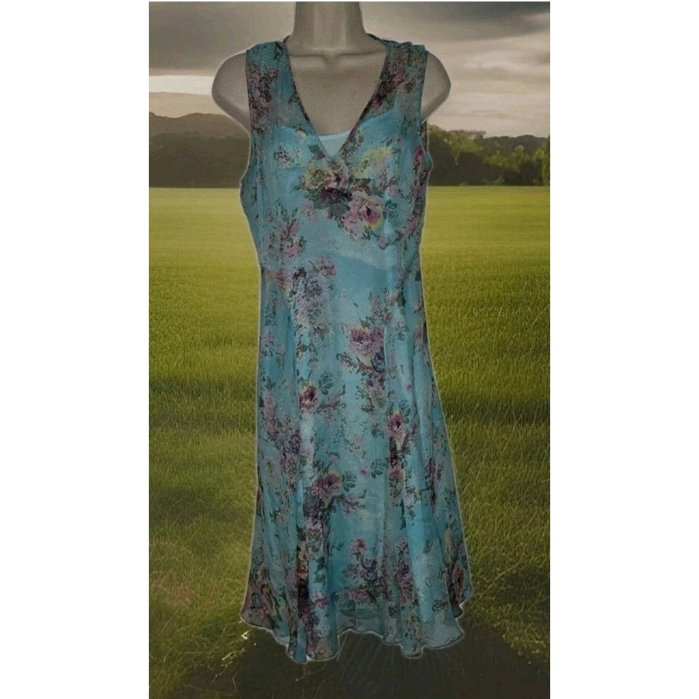 Rickie Freeman Teri Jon Floral Garden Party Midi Dress Chiffon Overlay Women's 8